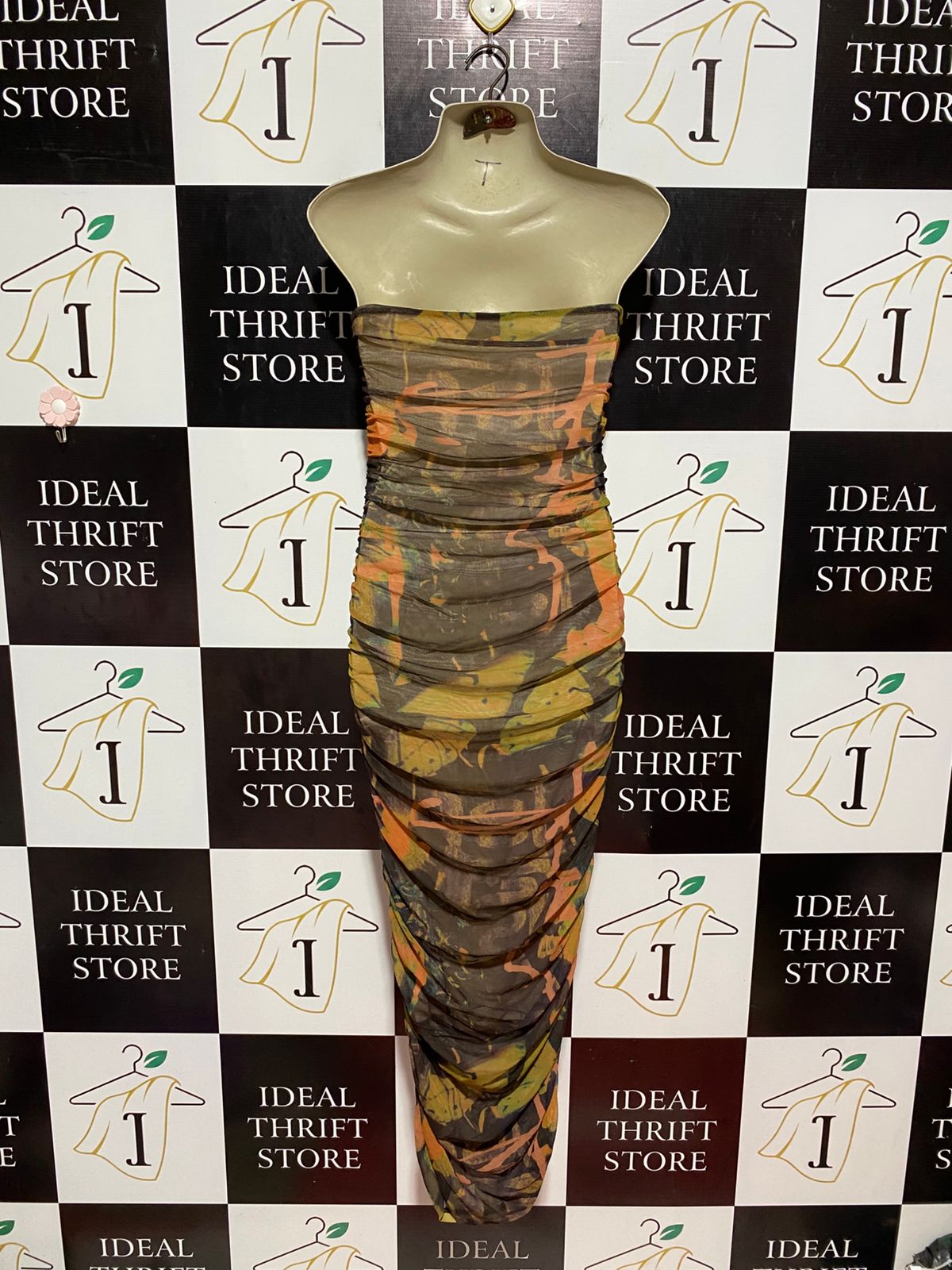 PRETTYLITTLE THING |S| BUST 14| B9| LUXURY ART-PRINT STRAPLESS RUCHED MESH MAXI DRESS