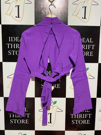 LEFON |M| BUST 19| B9| VIBRANT PURPLE HIGH-NECK TIE-FRONT CROP BLOUSE