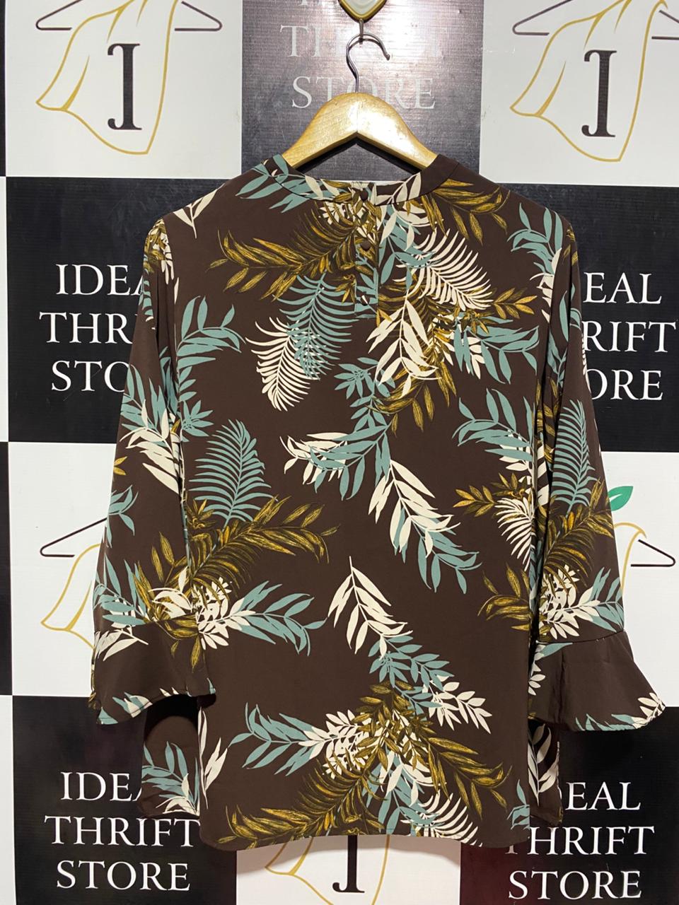 NEXT | XL| BUST 23 | B9| BROWN TROPICAL LEAF PRINT LONG SLEEVE BLOUSE