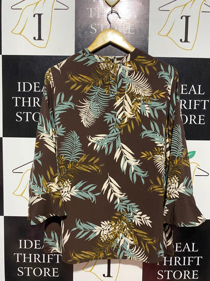 NEXT | XL| BUST 23 | B9| BROWN TROPICAL LEAF PRINT LONG SLEEVE BLOUSE