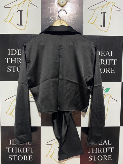 |S| BUST 19 | B9 |  CHIC BLACK SATIN TIE-FRONT CROPPED BLOUSE