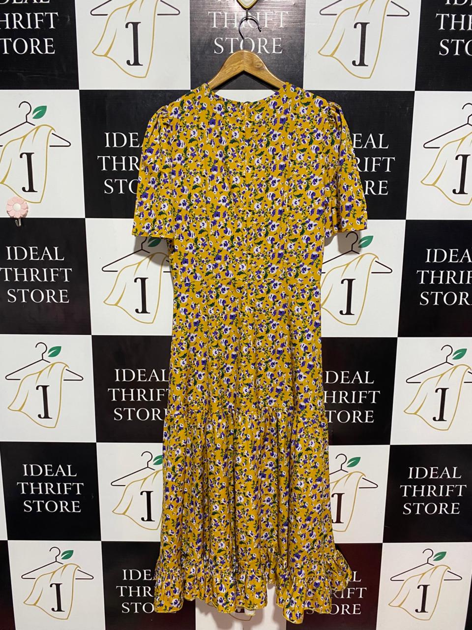 MISSGUIDED | S| BUST 18| B9| VIBRANT MUSTARD YELLOW FLORAL TIERED MIDI DRESS