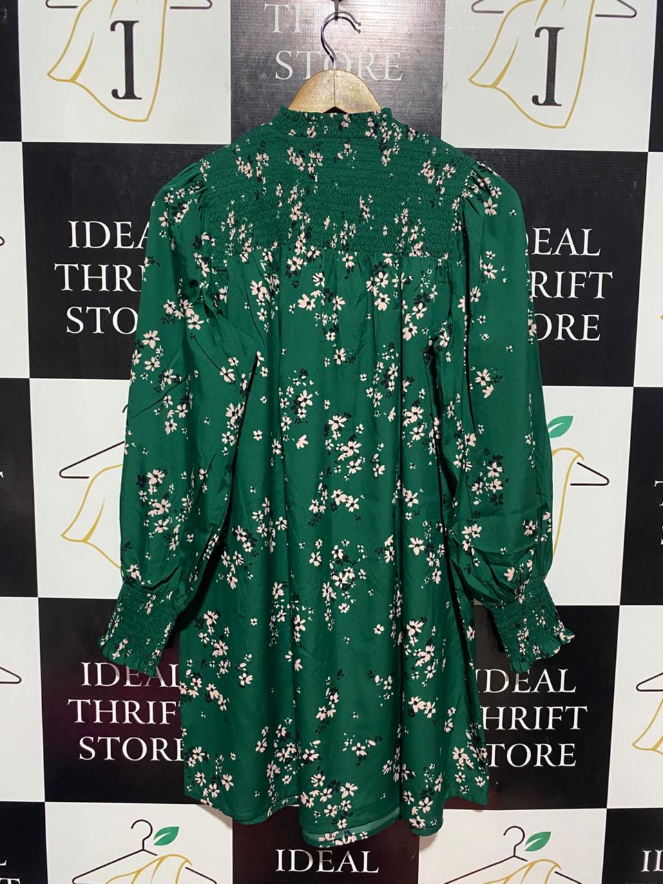 NEW LOOK | L| BUST 21 | B9 |EMERALD GREEN FLORAL SMOCKED MINI DRESS