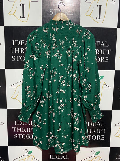 NEW LOOK | L| BUST 21 | B9 |EMERALD GREEN FLORAL SMOCKED MINI DRESS
