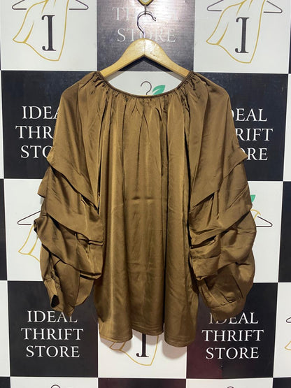 DIVERSE | XL| BUST 25| B9| LUXURIOUS CHOCOLATE BROWN SATIN RUFFLE-SLEEVE BLOUSE
