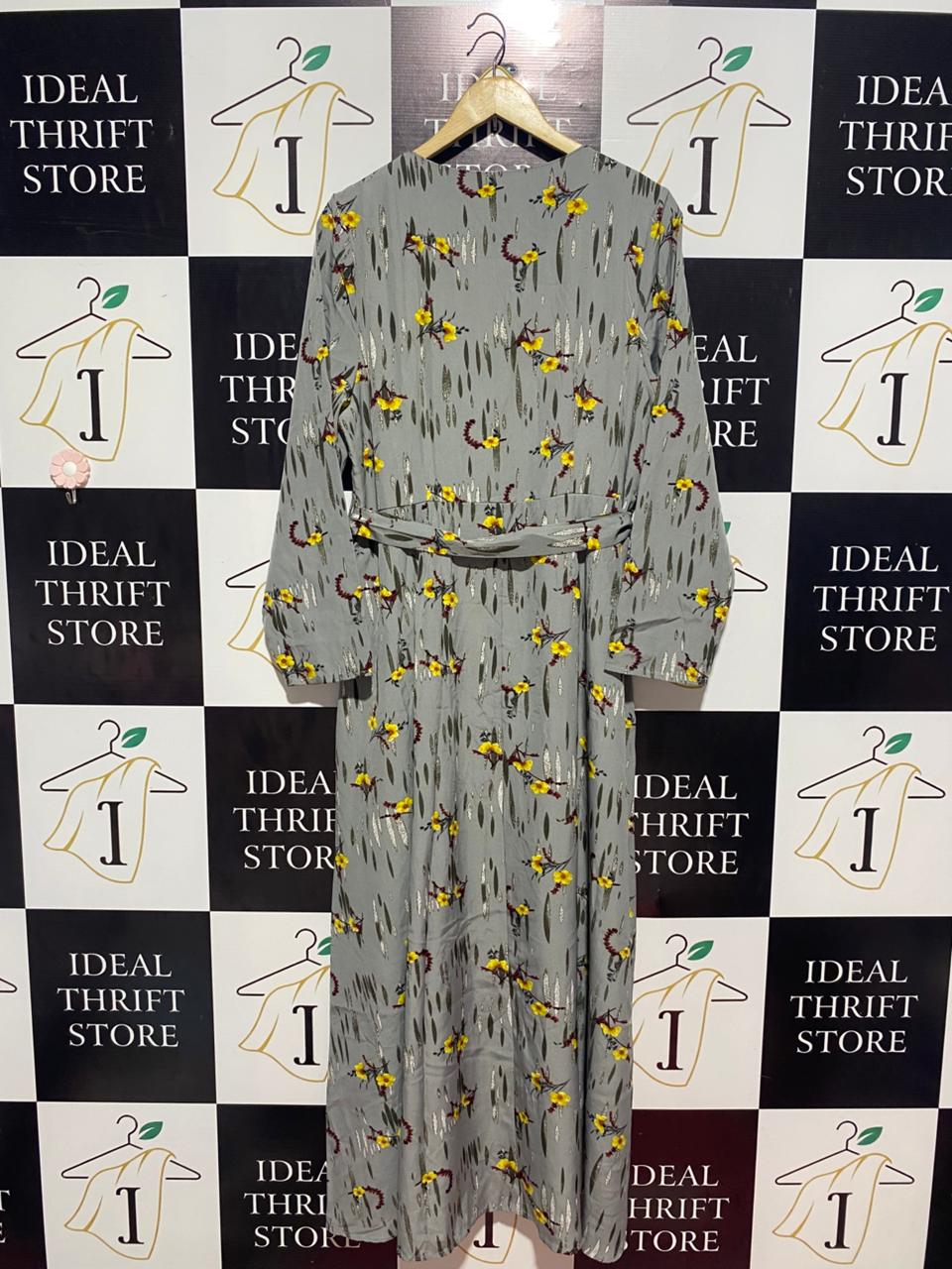 |M| BUST 19 | B9| ELEGANT GREY FLORAL PRINT LONG SLEEVE MAXI DRESS