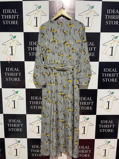 |M| BUST 19 | B9| ELEGANT GREY FLORAL PRINT LONG SLEEVE MAXI DRESS