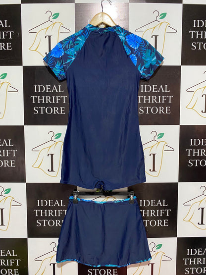 | S| B10|  TROPICAL FLORAL ZIP-UP SWIMSUIT SET WITH MATCHING SKIRT - NAVY BLUE
