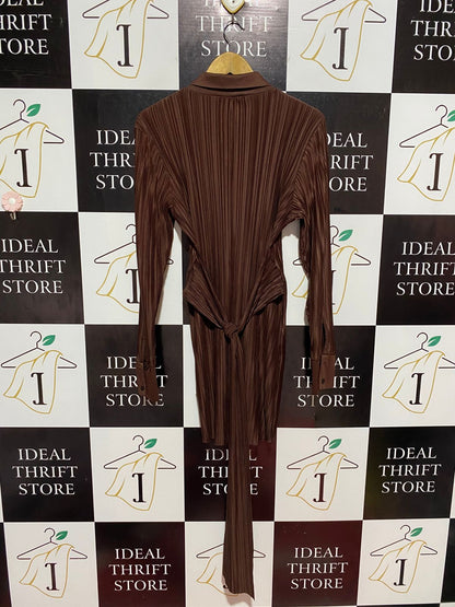 MISSGUIDED | M| BUST 18| B 10| MANGO BROWN PLISSÉ BUTTON-DOWN MINI DRESS