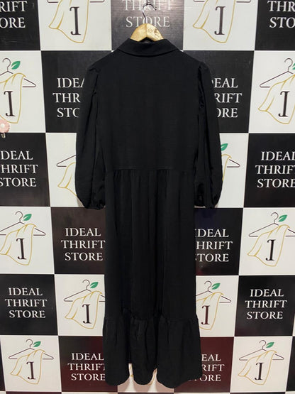 DUSK |M| BUST 19| B10| BLACK BUTTON-DOWN PUFF SLEEVE MAXI DRESS