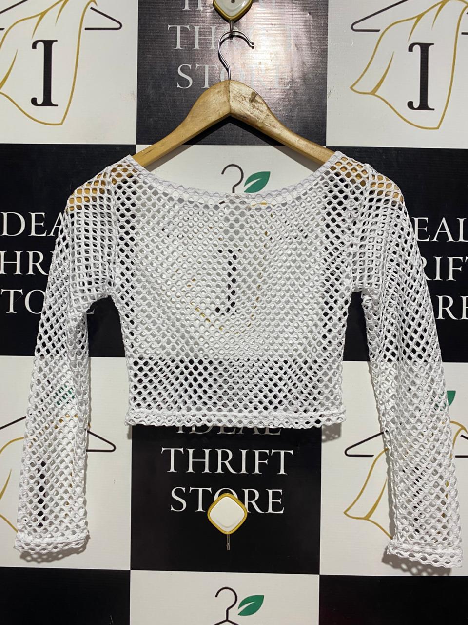 DAPPED |S| BUST 13| B10| WHITE OPEN-KNIT MESH LONG SLEEVE CROP TOP