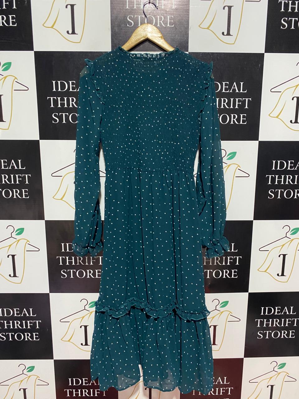 APRICOT |M| BUST 15 | B9| TEAL POLKA DOT SMOCKED MIDI DRESS