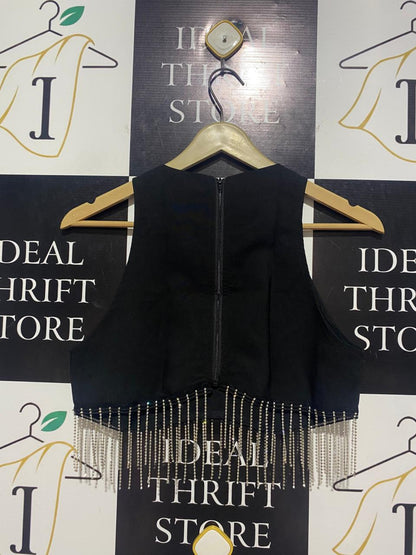 SHEIN |M| BUST 17| B9| BLACK RACERBACK CROP TOP WITH RHINESTONE FRINGE