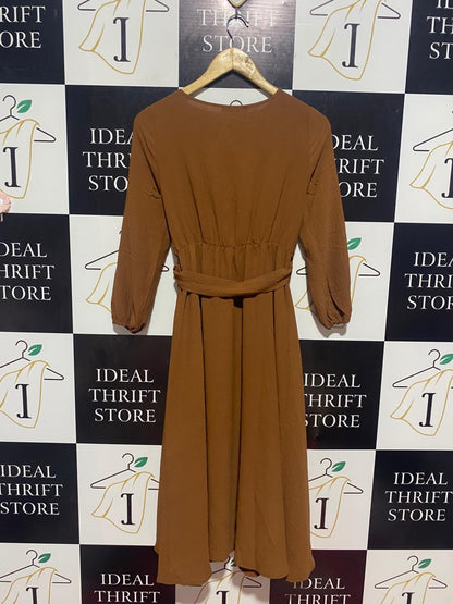 SHEIN |S| BUST 16| B9| ELEGANT RUST BROWN LONG SLEEVE WRAP MIDI DRESS