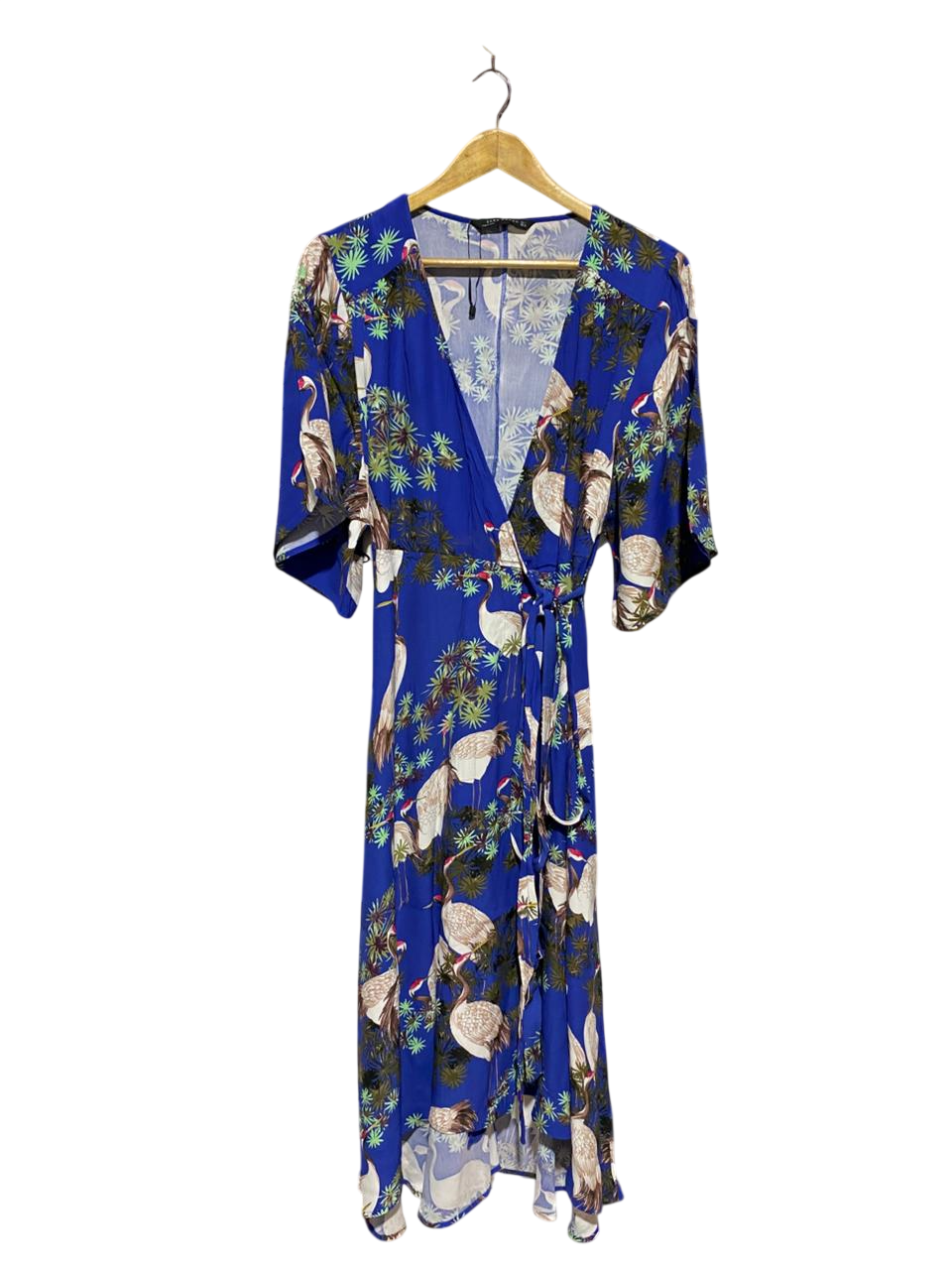 ZARA WOMAN |L| BUST 17| B10| WOMEN’S TROPICAL CRANE PRINT BLUE MIDI WRAP DRESS