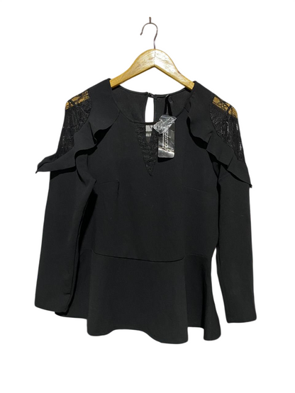 CROSS ROADS |L| BUST 20| B10| WOMEN'S LACE PANEL RUFFLE PEPLUM TOP BLACK