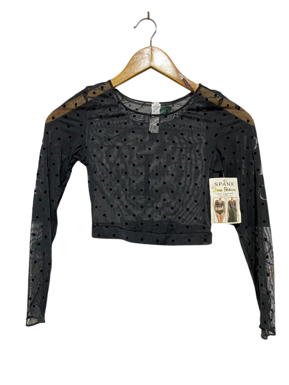SPANX |XS| BUST 13| B10| SHEER FASHION LONG SLEEVE POLKA DOT MESH CROP TOP BLACK