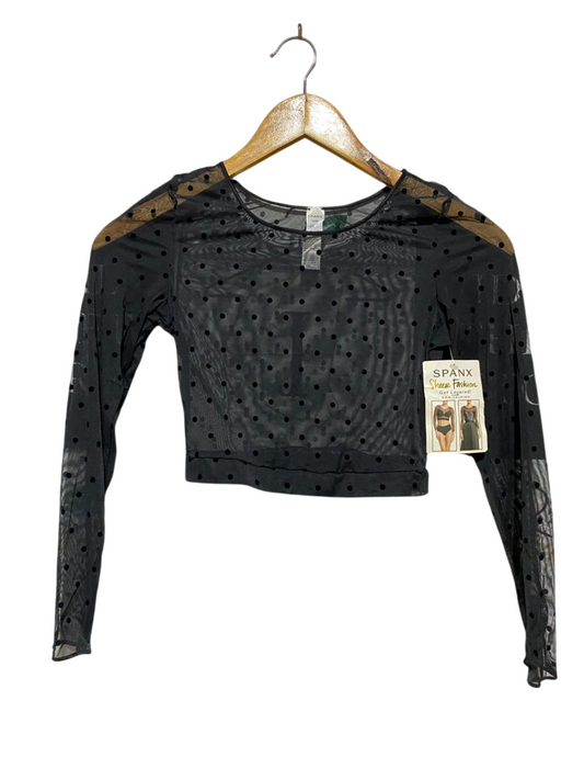 SPANX |XS| BUST 13| B10| SHEER FASHION LONG SLEEVE POLKA DOT MESH CROP TOP BLACK