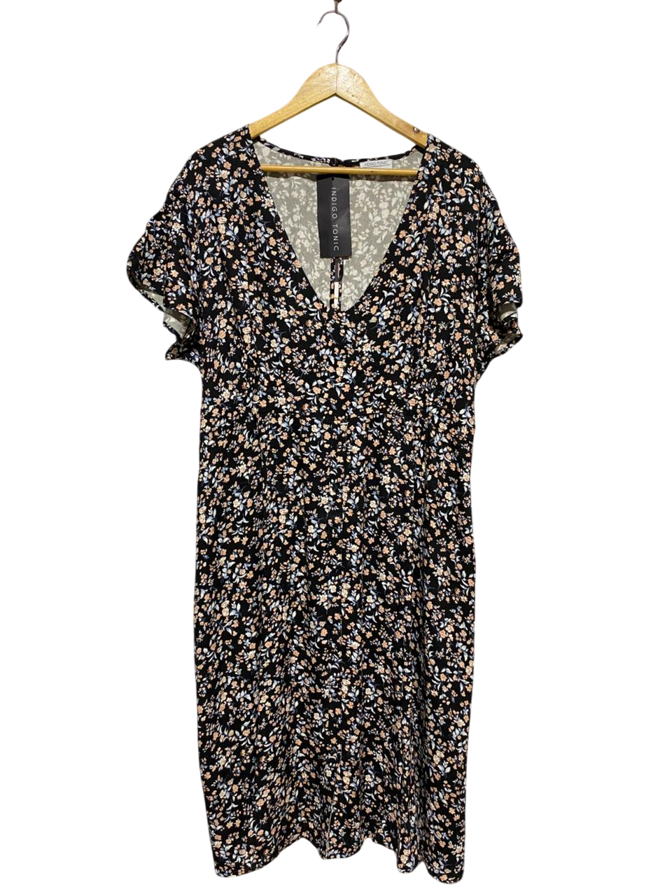 INDIGO TONIC |L| BUST 19| B10| WOMEN'S FLORAL V-NECK SHORT SLEEVE MIDI DRESS