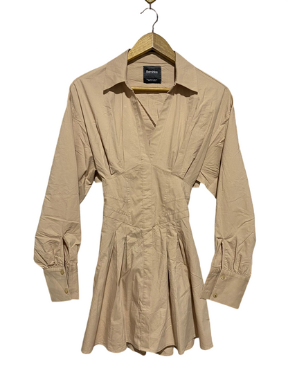 BERSHKA |S| BUST 14| B10| WOMEN'S CORSET-STYLE LONG SLEEVE MINI SHIRT DRESS BEIGE