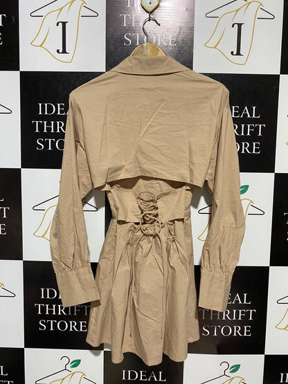 BERSHKA |S| BUST 14| B10| WOMEN'S CORSET-STYLE LONG SLEEVE MINI SHIRT DRESS BEIGE
