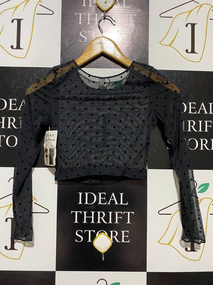 SPANX |XS| BUST 13| B10| SHEER FASHION LONG SLEEVE POLKA DOT MESH CROP TOP BLACK