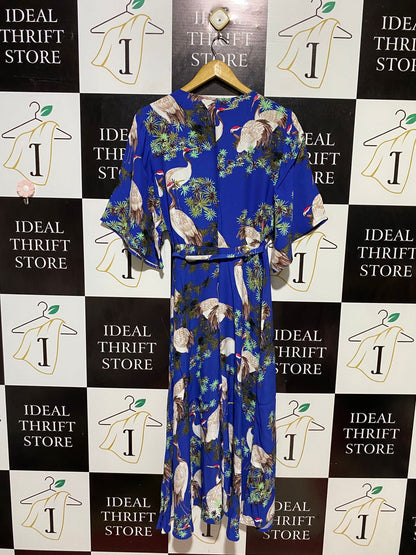 ZARA WOMAN |L| BUST 17| B10| WOMEN’S TROPICAL CRANE PRINT BLUE MIDI WRAP DRESS
