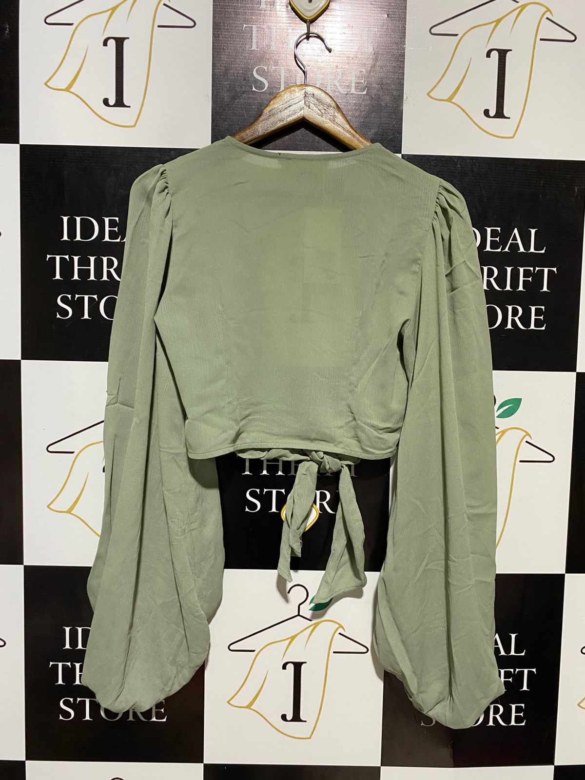 RUBY SUS |M| BUST 18| B10| WOMEN’S SAGE GREEN FRONT-TIE CROP TOP WITH PUFF BISHOP SLEEVES