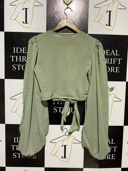 RUBY SUS |M| BUST 18| B10| WOMEN’S SAGE GREEN FRONT-TIE CROP TOP WITH PUFF BISHOP SLEEVES
