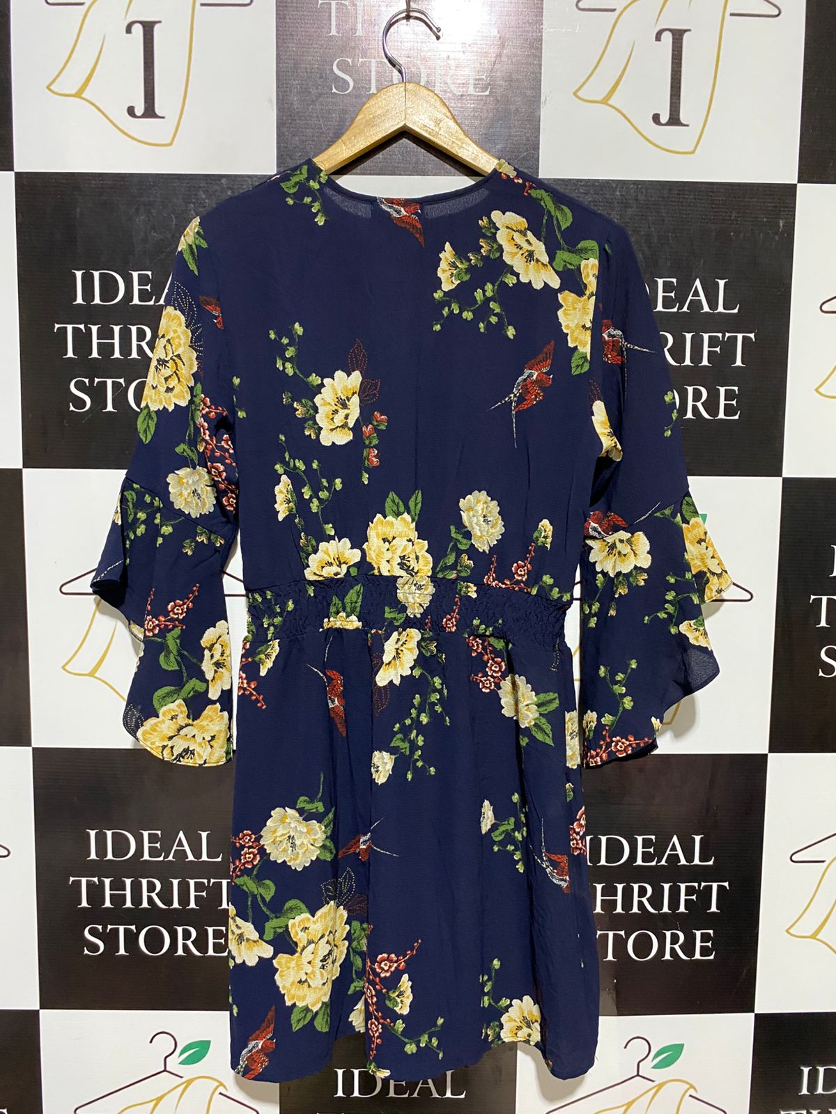 AX PARIS |M| BUST 19| B10| WOMEN’S FLORAL & BIRD PRINT NAVY BLUE WRAP MINI DRESS