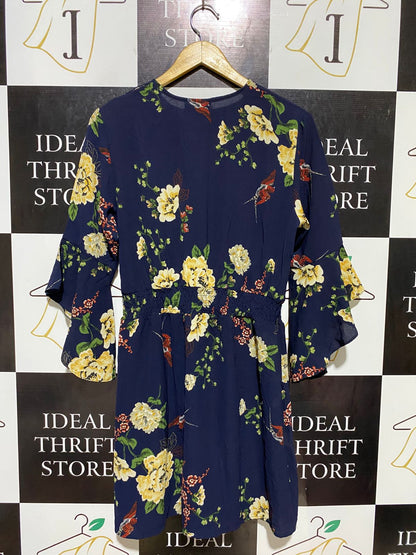 AX PARIS |M| BUST 19| B10| WOMEN’S FLORAL & BIRD PRINT NAVY BLUE WRAP MINI DRESS