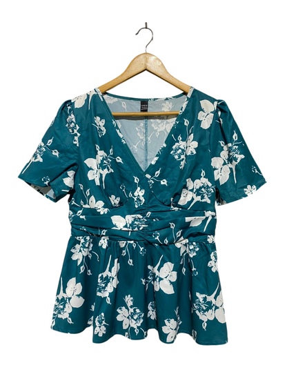 SHEIN | L| BUST 18| B 11| FLORAL V-NECK RUCHED WAIST PEPLUM TOP – TEAL & WHITE