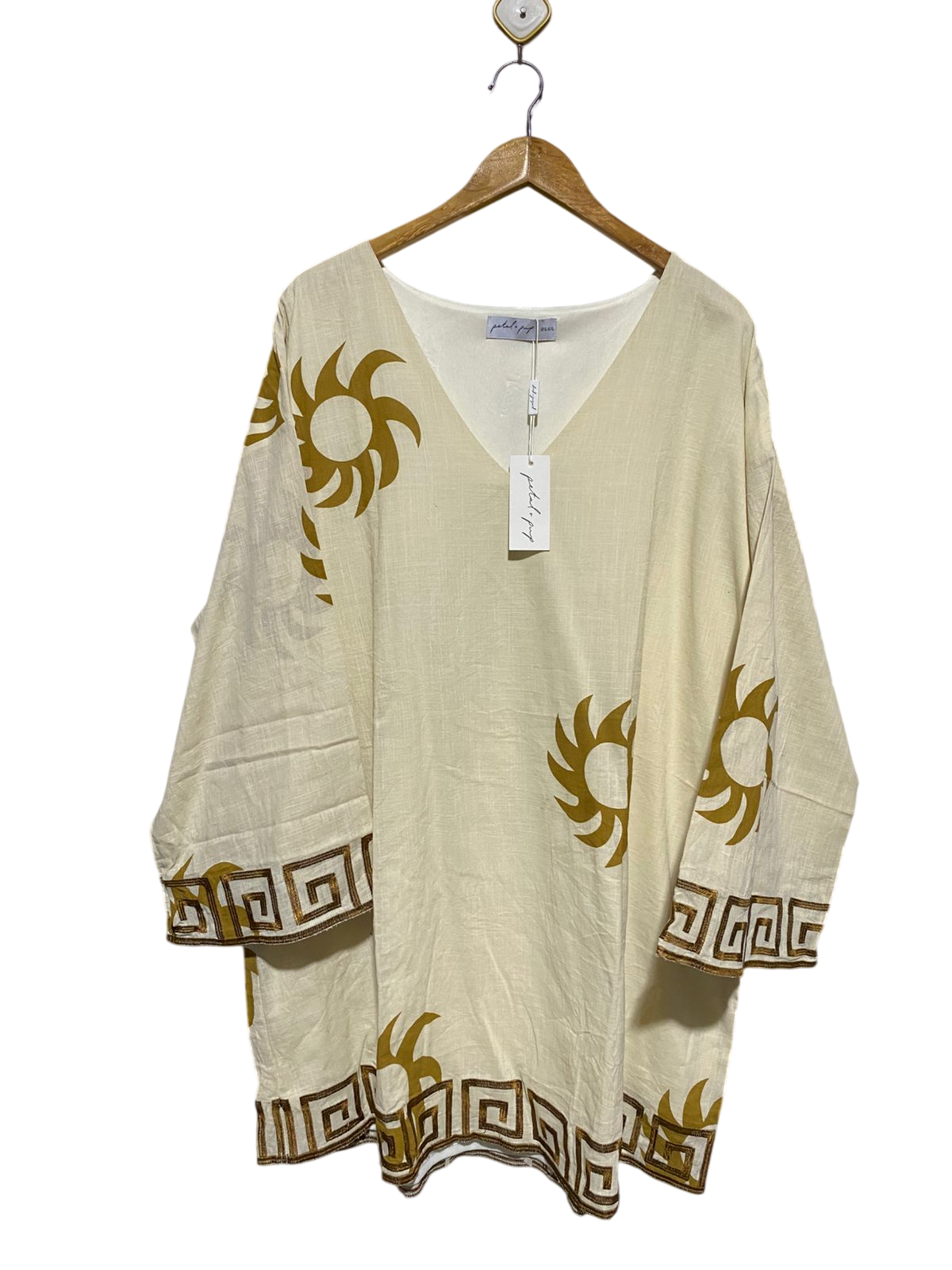 PETAL PUP |XL| BUST 26| B11| SUN PRINT GREEK KEY TRIM LINEN BLOUSE