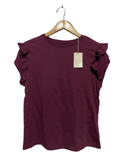 A. NEW DAY | S| BUST 17| B 11| BURGUNDY RUFFLE-SLEEVE TOP - CHIC COTTON BASICS