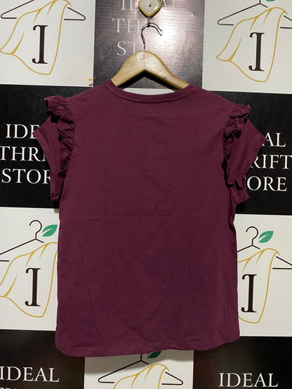 A. NEW DAY | S| BUST 17| B 11| BURGUNDY RUFFLE-SLEEVE TOP - CHIC COTTON BASICS