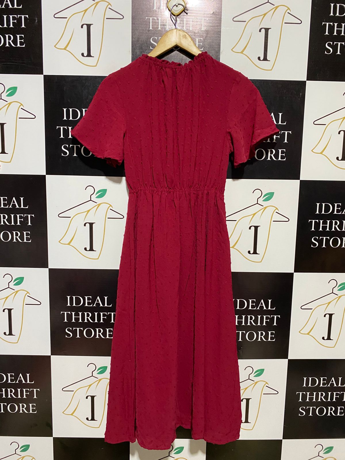 | S| BUST 15 | B 11| ELEGANT CRIMSON SWISS DOT PLEATED MIDI DRESS