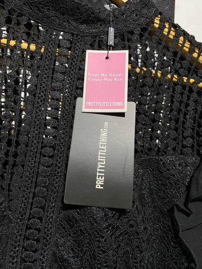 PRETTYLITTLE THING |L| BUST 19| B11| ELEGANT BLACK EYELET LACE LONG SLEEVE MINI DRESS