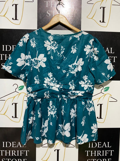 SHEIN | L| BUST 18| B 11| FLORAL V-NECK RUCHED WAIST PEPLUM TOP – TEAL & WHITE