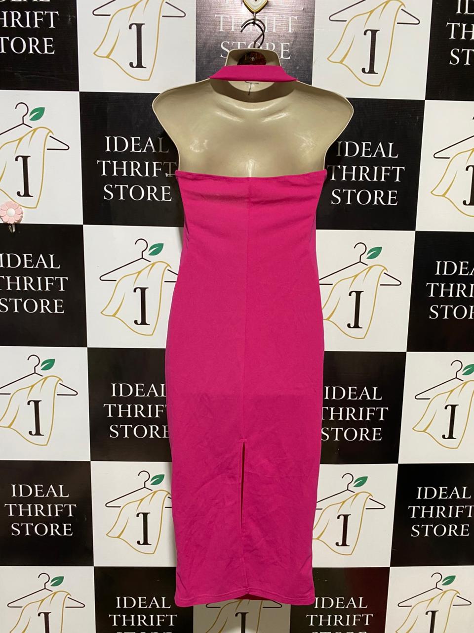 SHEIN | S| BUST 16| B11| HOT PINK HALTER NECK RUCHED BODYCON MIDI DRESS