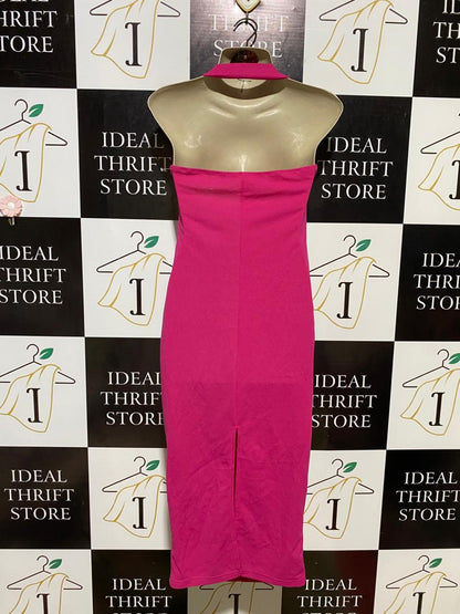 SHEIN | S| BUST 16| B11| HOT PINK HALTER NECK RUCHED BODYCON MIDI DRESS