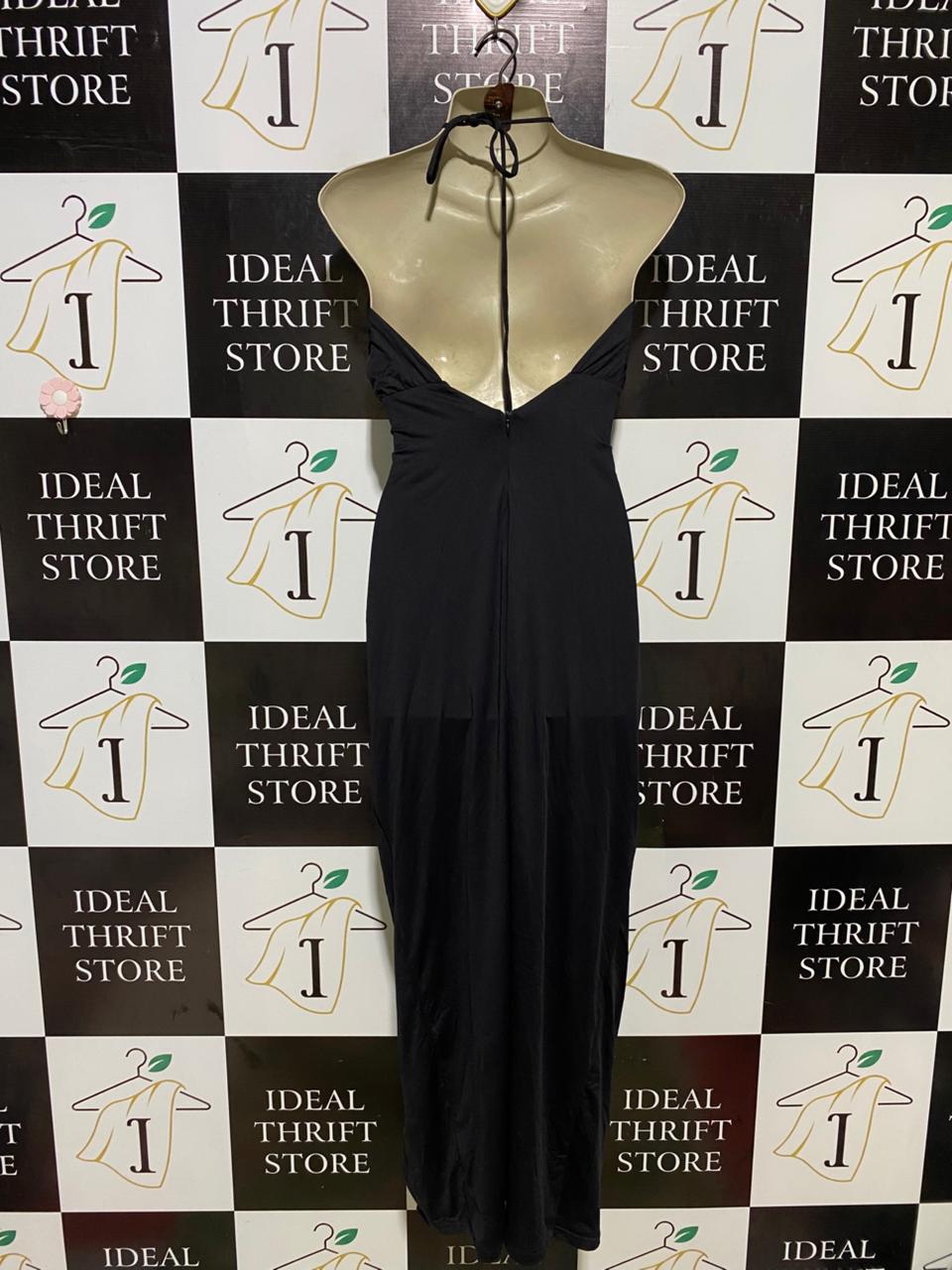 HEY/FUSSY | L| BUST 14| B11| ELEGANT BLACK HALTER NECK RUCHED MAXI DRESS WITH FRONT CUT-OUT DETAIL