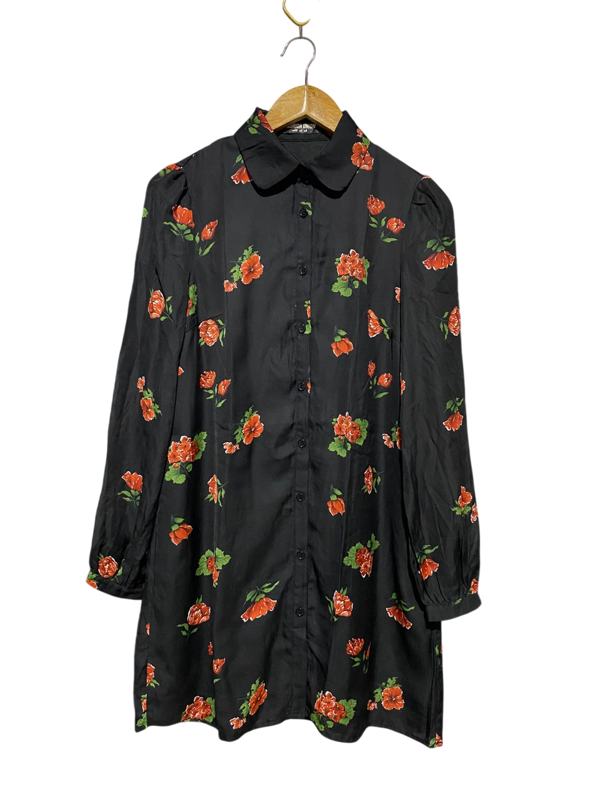 FASHION UNION |M| BUST 18| B11| BLACK FLORAL BUTTON-DOWN MINI SHIRT DRESS