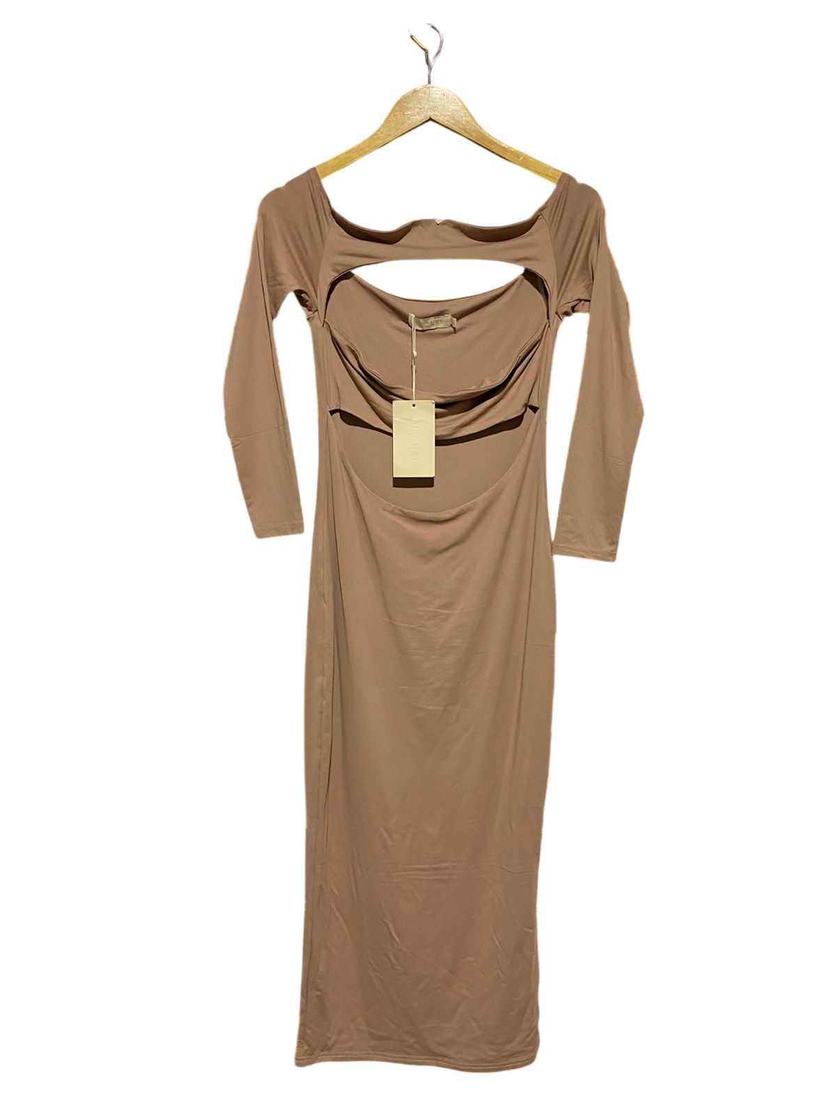 MESHKI |M| BUST 13| B11| TAUPE CUT-OUT LONG SLEEVE BODYCON MIDI DRESS