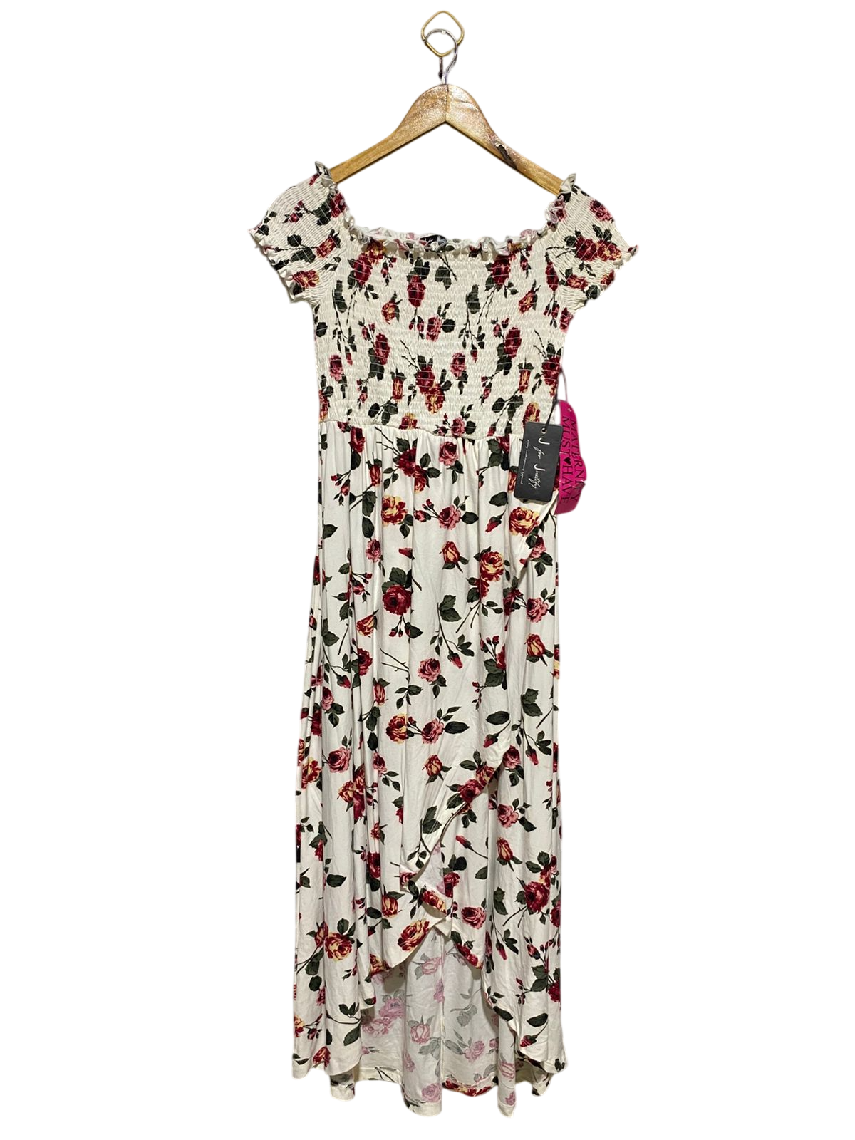 J FOR JUSTIFY |S| BUST 14| B11| FLORAL SMOCKED OFF-SHOULDER HIGH-LOW MAXI DRESS