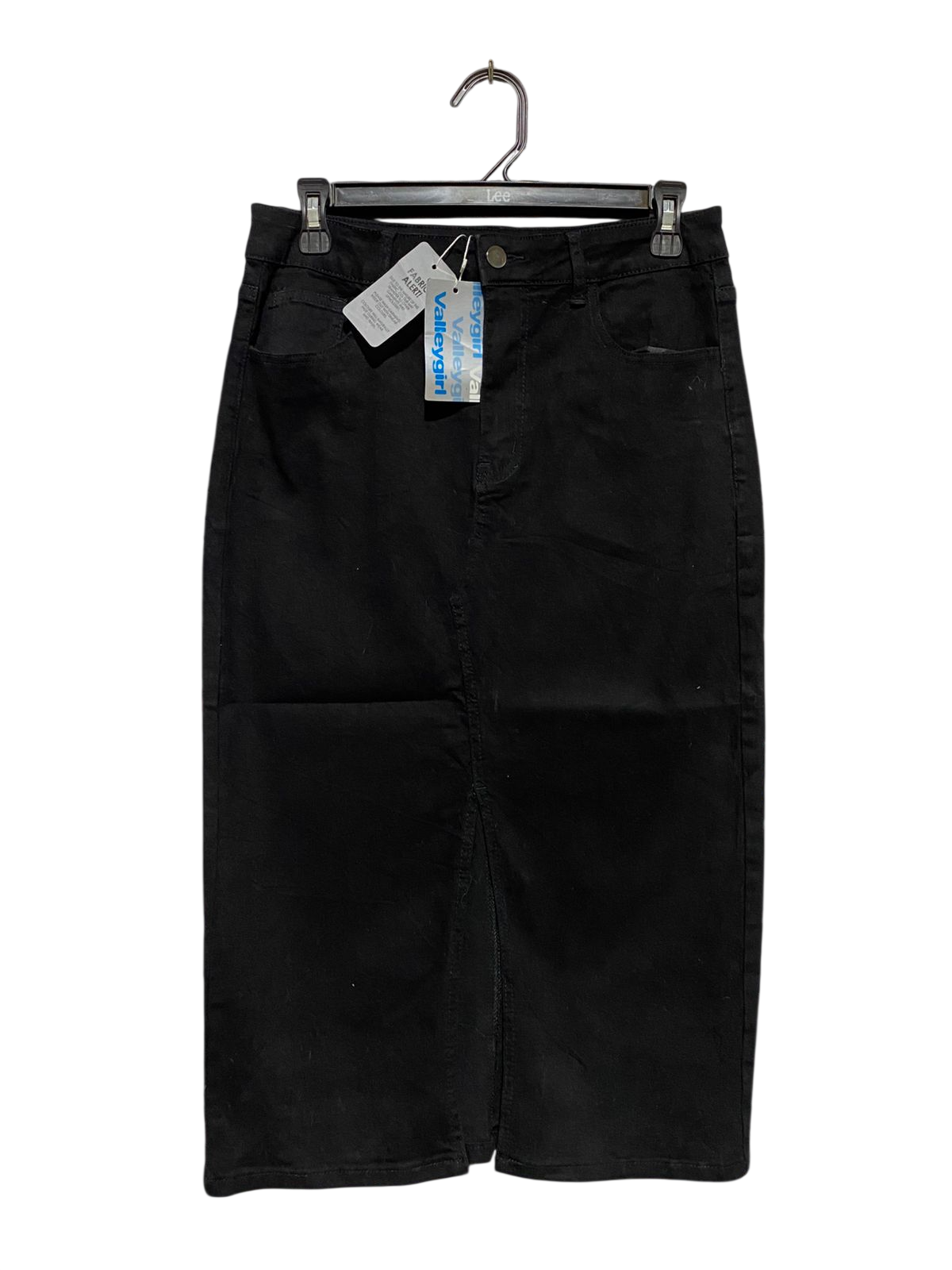 VALLEY GIRL |L| WAIST 30| B11| CLASSIC BLACK DENIM MIDI SKIRT WITH FRONT SLIT