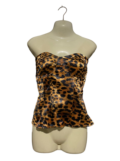 PRETTYLITTLE THING |L| BUST 15| B11| CHIC LEOPARD PRINT VELVET CORSET STYLE STRAPLESS TOP