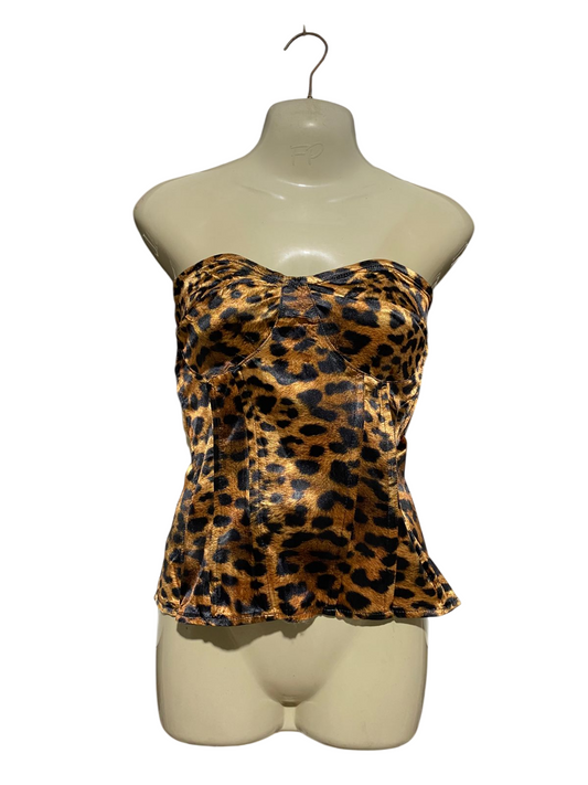 PRETTYLITTLE THING |L| BUST 15| B11| CHIC LEOPARD PRINT VELVET CORSET STYLE STRAPLESS TOP