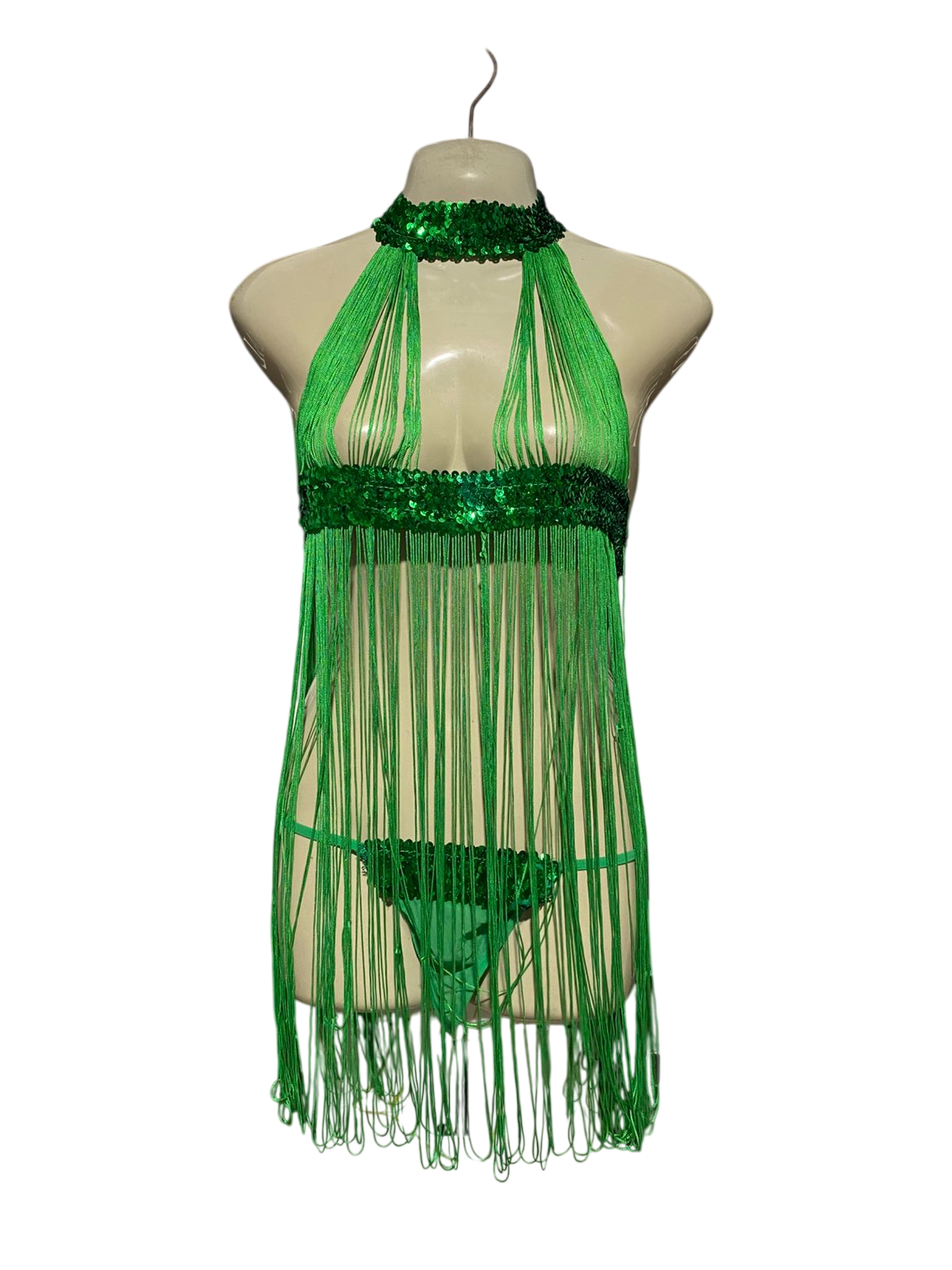 |M| BUST 15| B11| VIBRANT EMERALD GREEN SEQUIN FRINGE HALTER MINI DRESS & MATCHING SET