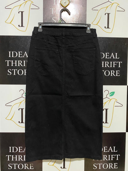 VALLEY GIRL |L| WAIST 30| B11| CLASSIC BLACK DENIM MIDI SKIRT WITH FRONT SLIT