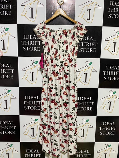 J FOR JUSTIFY |S| BUST 14| B11| FLORAL SMOCKED OFF-SHOULDER HIGH-LOW MAXI DRESS